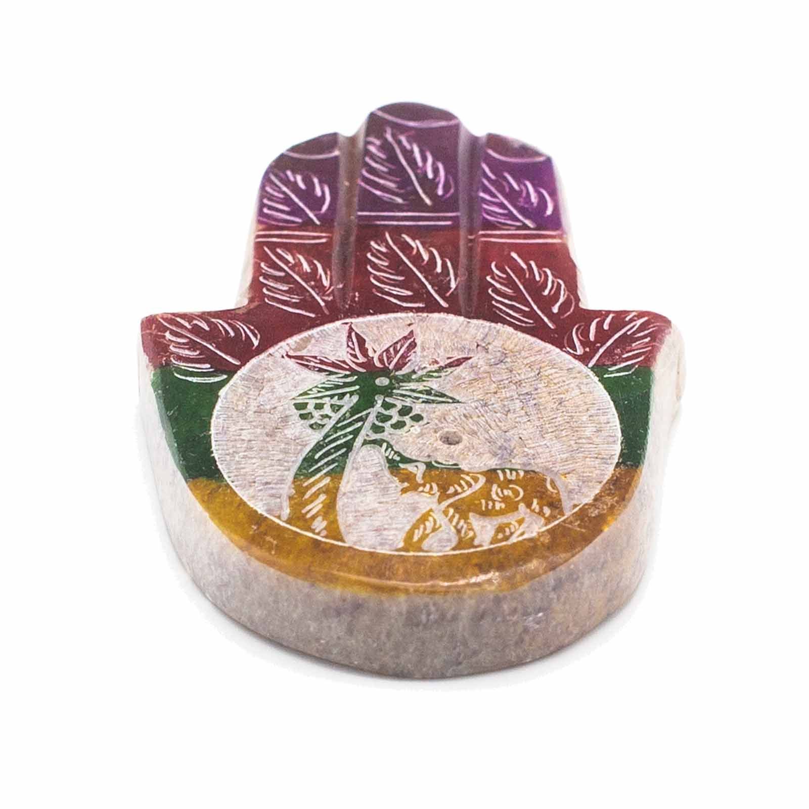 Držiak na kadidlo z mastencového kameňa v tvare hamsa, 9 x 6 cm – slon a palma