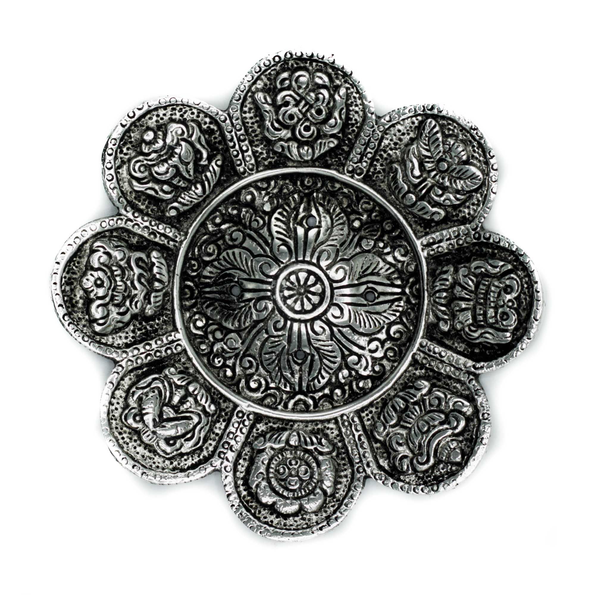Držiak na kadidlo z lešteného hliníka s tibetskými symbolmi, 12 cm