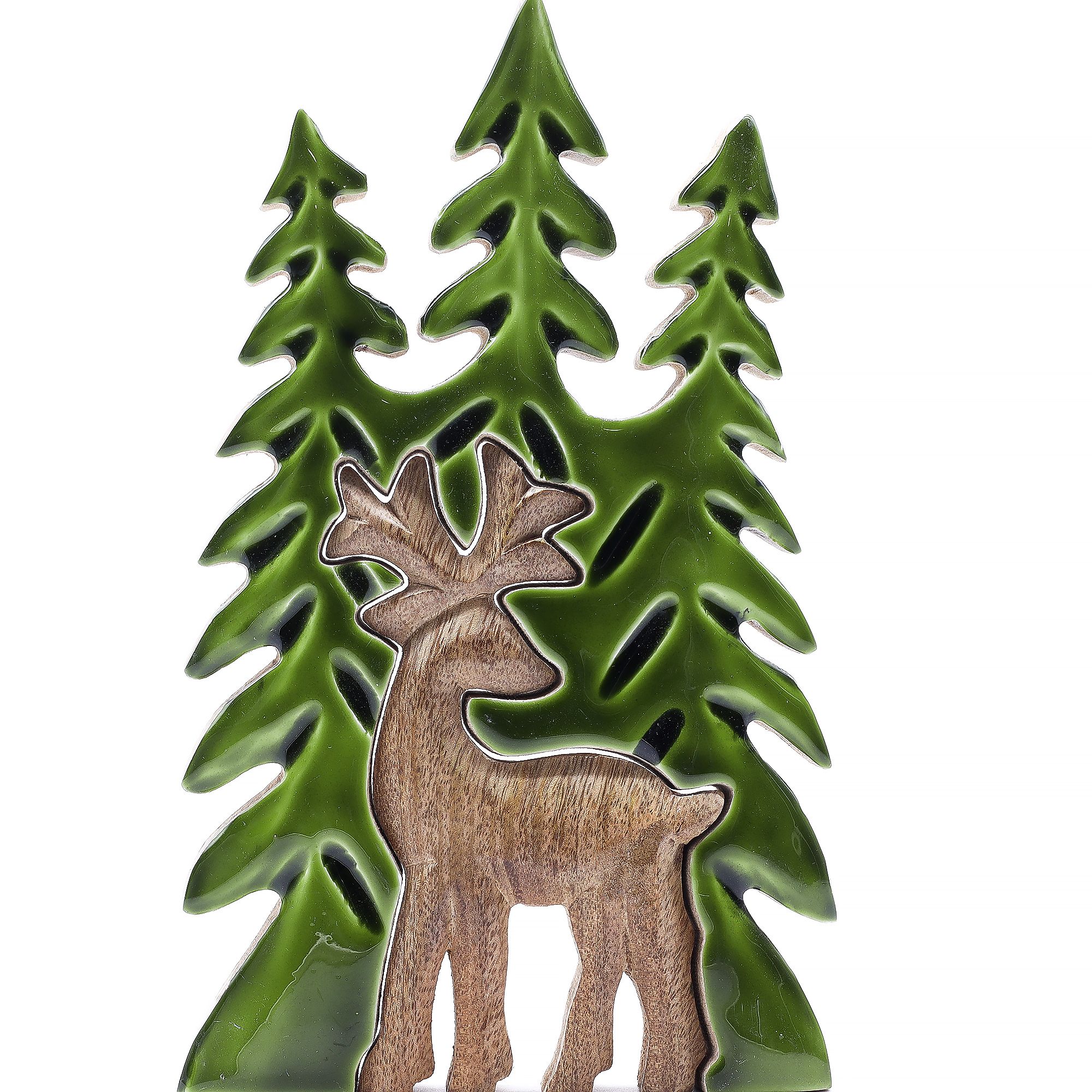 Stratený v lese – Drevená dekorácia „Jeleň v lese“ v 3D – 25 × 15 cm