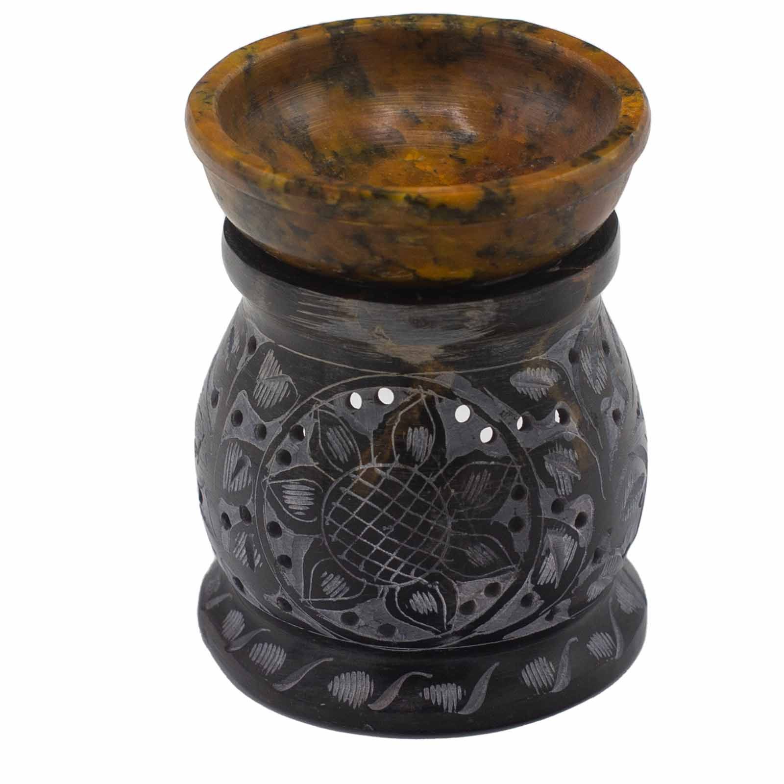 Olejová lampa z mastencového kameňa 10 cm – Mandala Flower – čierna a žltá