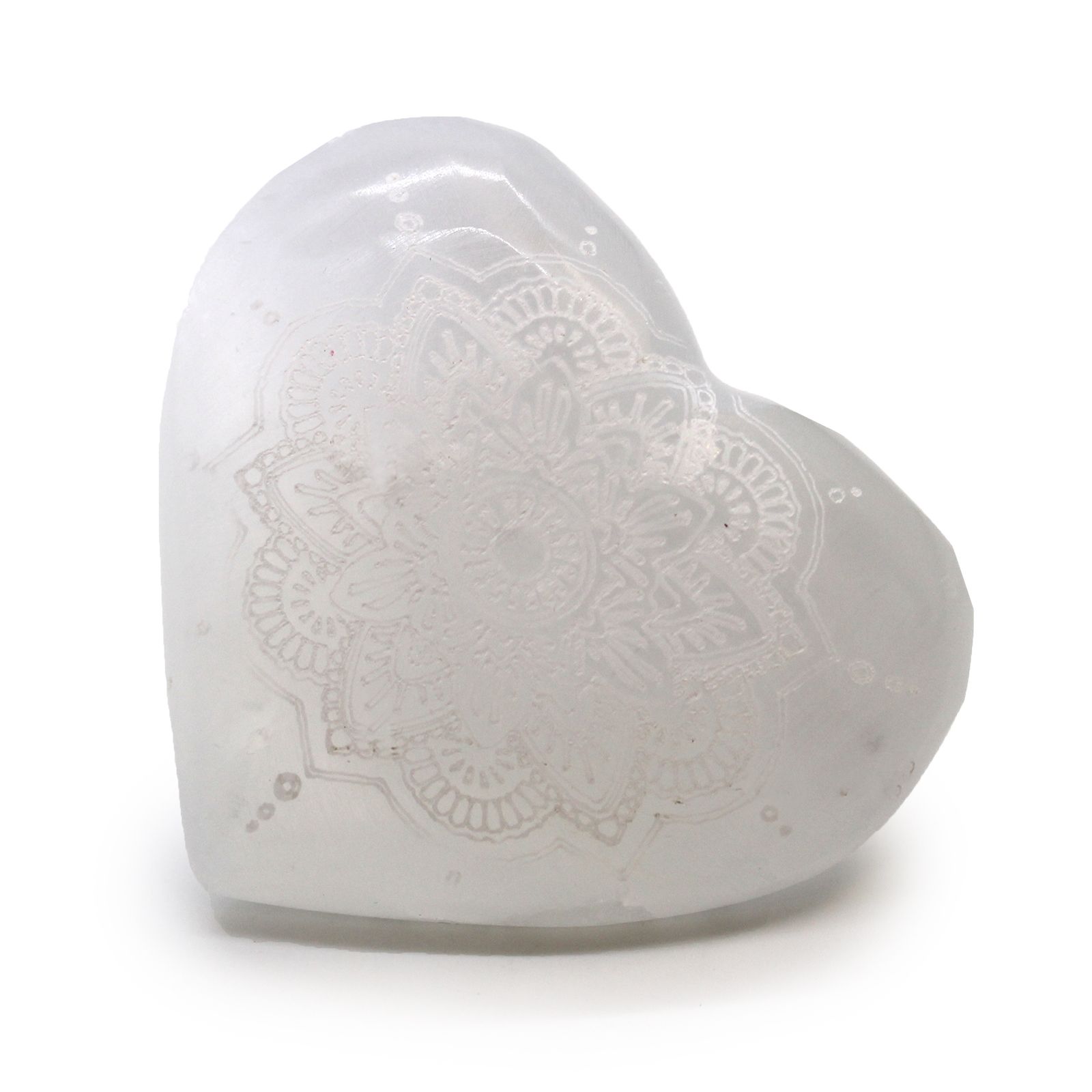 Selenitové srdce – 7–8 cm – s vygravírovanou mandalou