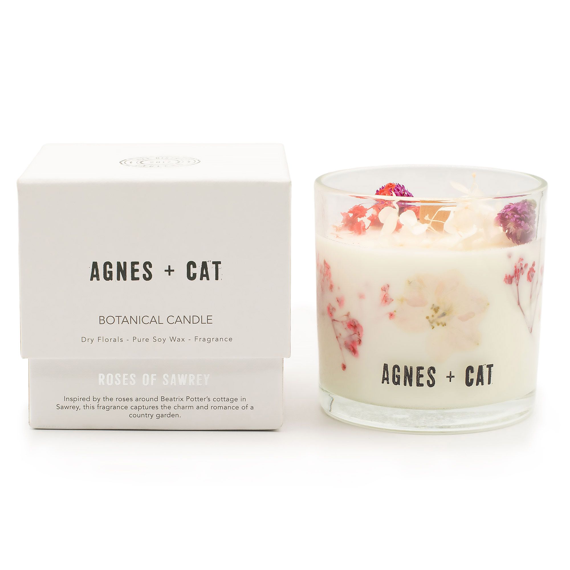 Sójová sviečka Agnes + Cat s botanickou vôňou – Ružy zo Sawrey